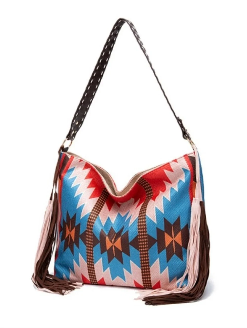 NWT Boho Western Aztec Print Shoulder Hobo Bag with fringe Tassels